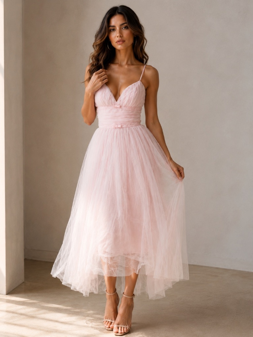 Luxury Blush Pink Tulle Midi Dress | Romantic Princess Aesthetic Gown